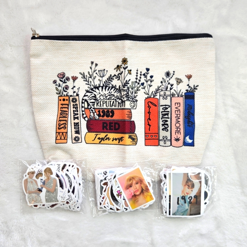 TAYLOR SWIFT Merch Swiftie 150 Sticker with Make Up Cosmetic Bag Gift Set Bundle
